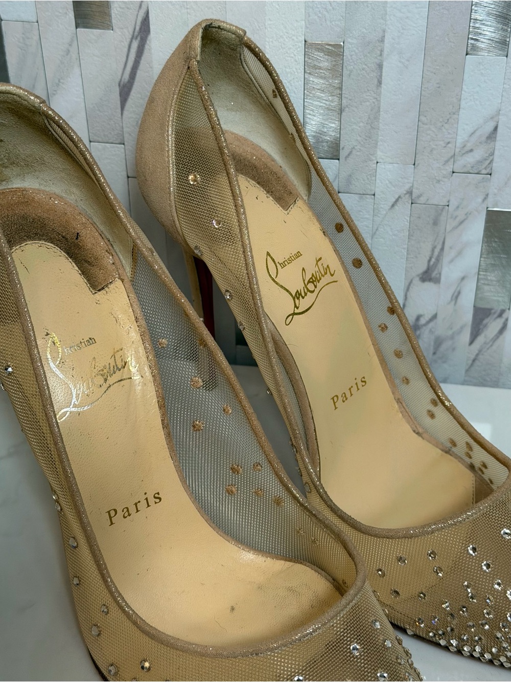 💎Christian Louboutin Nude Follies Strass Suede Rhinestones Heels 100 Size 39 - Picture 11 of 15